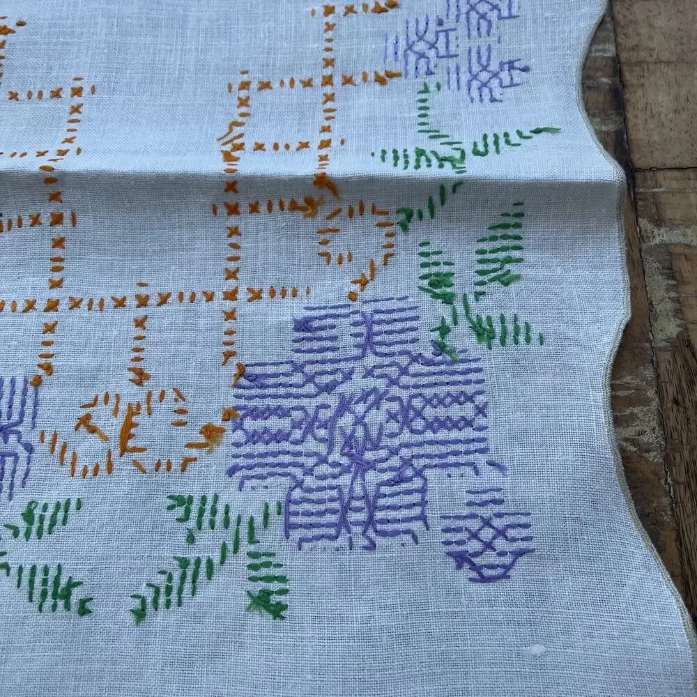 Vintage Linen Table Runner 13 x 38 in Cross Stitched White Purple Flowers